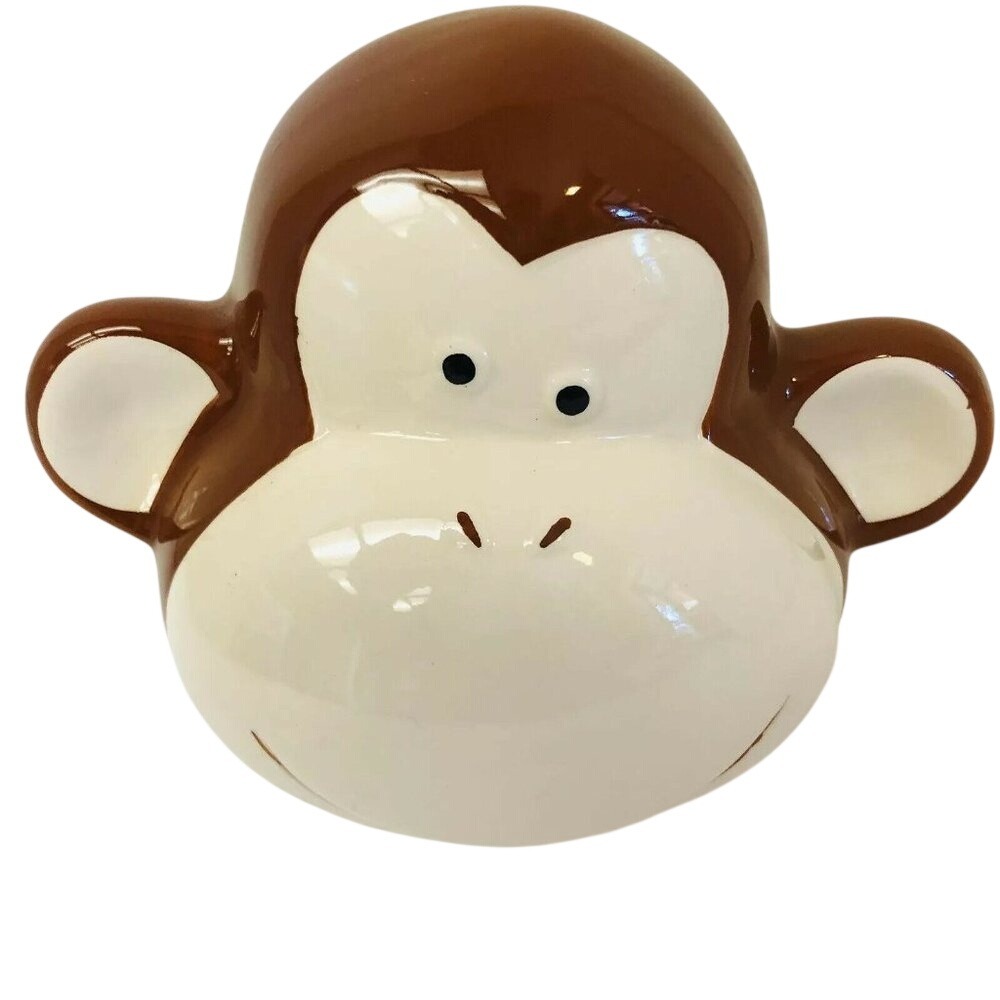 Monkey Coin Bank Piggy Hand Brown Ceramic Face Animal  Kids 6 X 7 "